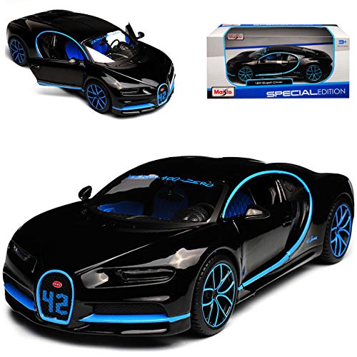 Maisto Bugatti Chiron Coupe Schwarz Weltrekord 42 Sekunden 0-400-0 Km/h Ab 2016 1/24 Modell Auto mit individiuellem Wunschkennzeichen von Maisto