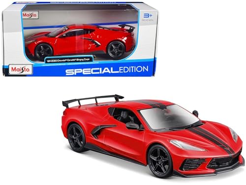 Maisto Chevrolet Corvette Stingray Coupe 2021: Modellauto im Maßstab 1:24, Türen beweglich, rot (531534R) von Maisto