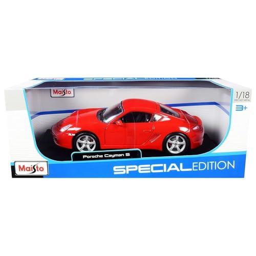 Maisto Porsche Cayman S: Modellauto im Maßstab 1:18, Türen, Motorhaube und Kofferraum beweglich, lenkbar, 24 cm, rot (531122R) von Maisto