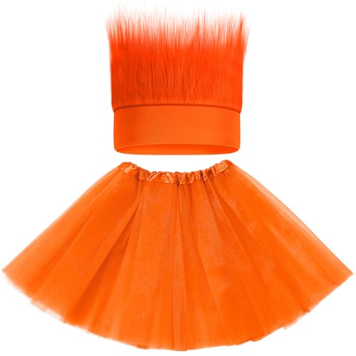 Maiteenly 2-teiliges orangefarbenes Cosplay-Kostüm-Set für Damen und Herren, Urlaub, Cosplay-Kostüm, inklusive Rock und haarigem Stirnband für Party von Maiteenly