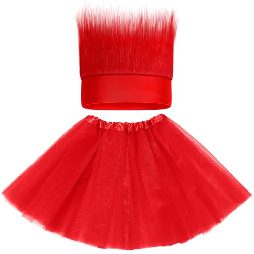 Maiteenly 2-teiliges rotes Cosplay-Kostüm-Set für Damen und Herren, Urlaub, Cosplay-Kostüm, inklusive Rock und haarigem Stirnband für Party von Maiteenly