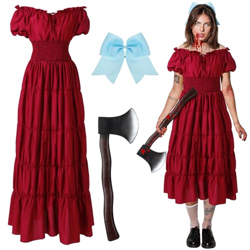 Maiteenly 3-teiliges Halloween-Horrorfilm-Kostüm, Zubehör-Set, rotes Kleid, Schaumstoff-Axt, Haarschleifen für Cosplay-Party, Rot, Blau, Schwarz, L von Maiteenly