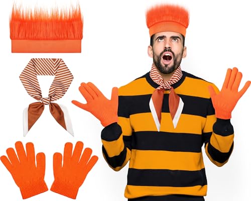 Maiteenly 4-teiliges Halloween-Cosplay-Kostüm-Zubehör-Set für Damen und Herren, orangefarbenes Cosplay-Kostüm mit Hut, Handschuhen, Krawatte für Cosplay-Party, Orange/Abendrot im Zickzackmuster von Maiteenly