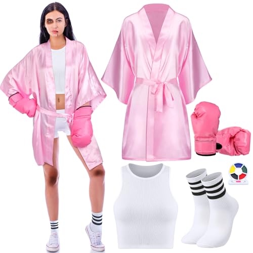 Maiteenly 5-teiliges Halloween-Boxer-Kostüm-Set für Erwachsene und Damen, rosa Boxer-Kostüme mit Boxhandschuhen, Bandeau-Top, Satin-Boxmantel, Socken und Gesichtsfarbe für Halloween, Cosplay, Rosa / von Maiteenly