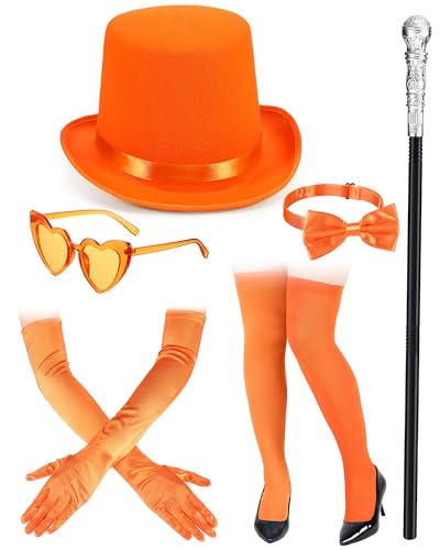 Maiteenly 6-teiliges Damenkostüm mit Fliege, langer Handschuh über dem Knie, Strümpfe, Herzbrille, Gehstock (orange) von Maiteenly