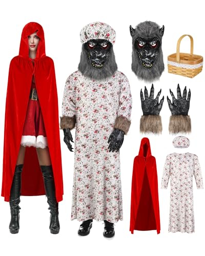 Maiteenly 7-teiliges Halloween-Kostüm für Paare, Wolfs-Oma-Kostüm und roter Kapuzenumhang für Paare, Erwachsene, Werwolf, Cosplay, mit Handschuhen, Maske, Korb (weiß) von Maiteenly