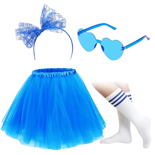 Maiteenly Damen Tutu Rock mit Herz Sonnenbrille Schleife Stirnband Streifen Socken für Erwachsene Karneval Party 80er Jahre Kostüm (Blau) von Maiteenly