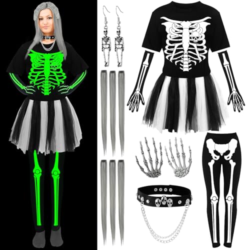 Maiteenly Halloween-Skelett-Kostüm-Set für Erwachsene, leuchtet im Dunkeln, Punkknochen, graues Haarteil, Haarnadel, Halskette, Ohrring (3XL) von Maiteenly