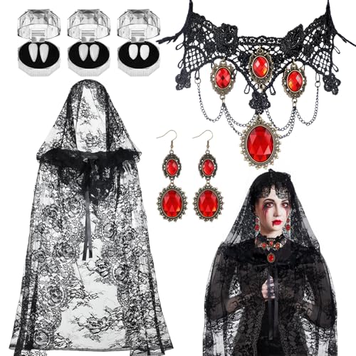 Maiteenly Halloween-Vampir-Kostüm-Set, Hexe, schwarze Spitze, Kapuzenumhang für Damen, Cosplay, Party, Umhang, Gothic, Vampirschmuck, 3 Paar, Vampirzähne von Maiteenly