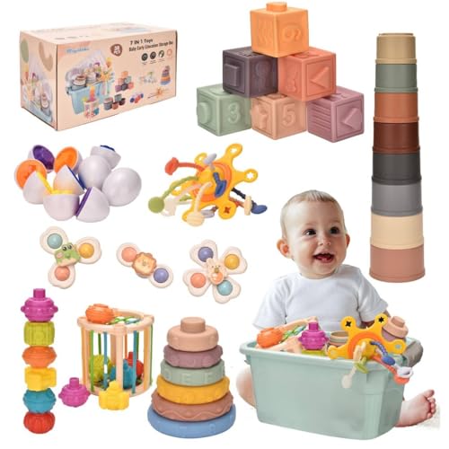 Montessori Spielzeug Baby,Baby Spielzeug,Babyspielzeug ab 6 Monate,Montessori Spielzeug ab 1 Jahr,7 in 1 Motorikspielzeug,Stapelspielzeug Blöcken und Ringen, passende Eier, Saugnapf-Kreiselspielzeug von Majabike