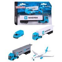 MAJORETTE 212057289 MAERSK Transport Fahrzeuge aus Metall (Volvo Container-LKW, MAN Truck oder Volkswagen Crafter mit Airbus A350-900), sortiert von Majorette