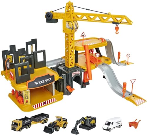 Majorette – Creatix Großbaustelle – XXL Baustellen-Spielset, mit 5 Volvo Baustellenfahrzeugen, Kran, Tunnel, Garage, drei Ebenen, für Jungen und Mädchen ab 5 Jahren, Gelb von Majorette