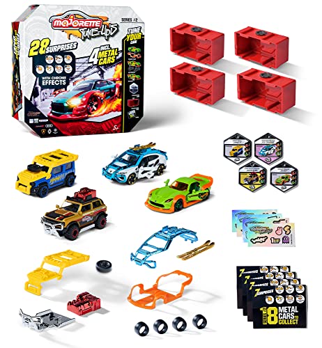 Majorette – Tune Ups Series 2, 4er Set mit 28 Überraschungen, Spielzeugautos aus Metall zum Tunen, 4 von 18 Autos zum Sammeln im Überraschungspack, inkl. Tuning-Zubehör, Sammelboxen und Stickern von Majorette