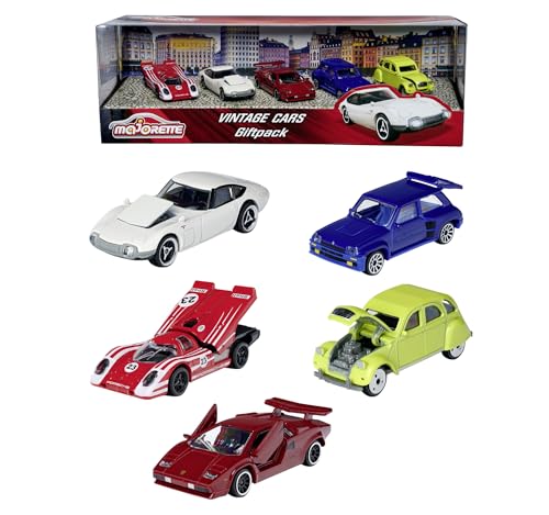 Majorette 212052013 Vintage 5er-Geschenkset, Spielzeugautos mit Freilauf aus Metall, Vintage-Versionen von Ford, Porsche, Renault und VW, bewegliche Teile, 7,5 cm von Smoby