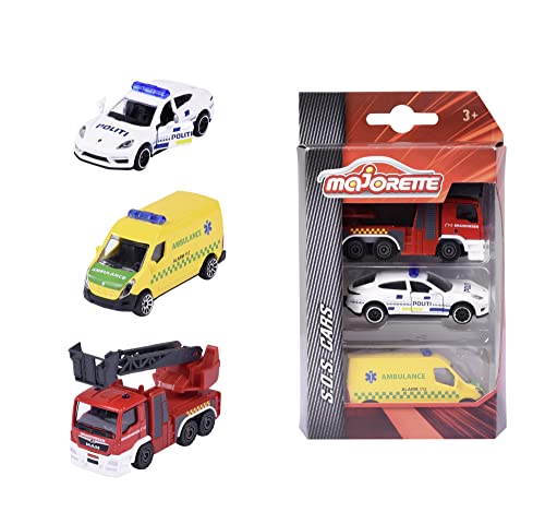 Majorette 212057261IM1 3-Pack Dänische Rettungsfahrzeuge 3-Pack Dänische Rettungsfahrzeuge mit Polizeiwagen, Krankenwagen und Feuerwehrauto aus Metall, 7,5 cm, Ab 3 Jahren von Majorette