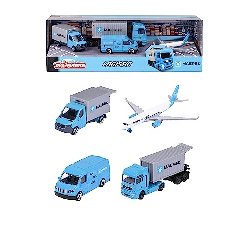 Majorette - Maersk Transport-Fahrzeuge (Geschenkset) - 4 Modellfahrzeuge aus Metall (Man Truck, Mercedes-Benz Sprinter, Volkswagen Crafter & Airbus Flugzeug), Spielzeug für Kinder ab 3 Jahre von Majorette