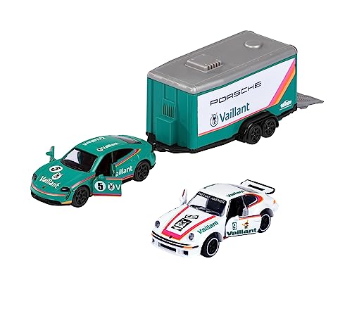 Majorette - Race Trailer Set - 2 Spielzeugautos & 1 Anhänger im Motorsport-Design, Autos und Trailer aus Metall, 19 cm, für Kinder ab 3 Jahren, zufällige Auswahl von Majorette