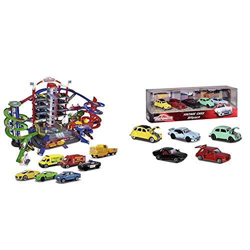 Majorette Super City Garage, motorisierte Bahn für Modellautos mit Parkplätzen und Eisenbahn, Parkhaus für Die-cast Autos & Vintage 5er-Geschenkset, Spielzeugautos mit Freilauf aus Metall, 7,5 cm Majorette Super City Garage, motorisierte Bahn für Modellautos mit Parkplätzen und Eisenbahn, Parkhaus für Die-cast Autos & Vintage 5er-Geschenkset, Spielzeugautos mit Freilauf aus Metall, 7,5 cm von Majorette