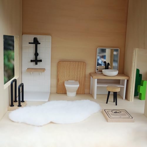 Makamsui 8pcs Puppenhaus Badezimmer Set, 1:12 Maßstab Miniatur Puppenhaus WC Badewanne Holz Badezimmer Schrank mit Waschbecken Miniaturmöbel für Puppenhaus Badezimmer Zubehör 8pcs von Makamsui