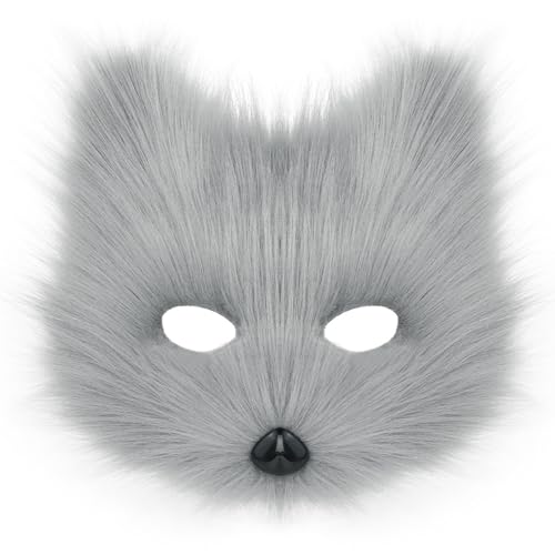 Makamsui Furry Fox Katze Maske Wolf Kunstfell Flauschige Tier Cosplay Kostüme Gesichtsmasken für Maskerade Weihnachten Halloween Karneval Grau von Makamsui
