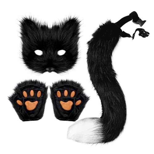 Makamsui Kunstfell Fuchsschwanz Katze Wolf Cosplay Kostüm Set Gesichtsmaske mit Schwanz Handschuhen Halloween Cosplay Party Kostüm Zubehör Schwarz von Makamsui