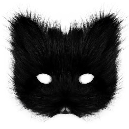Makamsui Pelzfuchs Katze Maske Wolf Kunstfell Flauschige Tier Cosplay Kostüme Gesichtsmasken für Maskerade Weihnachten Halloween Karneval Schwarz von Makamsui