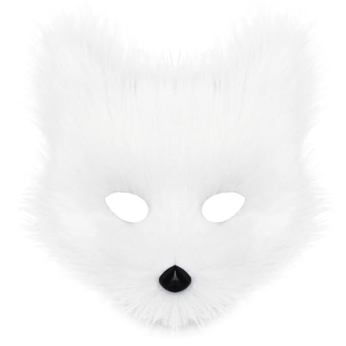 Makamsui Pelzfuchs Katze Maske Wolf Kunstfell Flauschige Tier Cosplay Kostüme Gesichtsmasken für Maskerade Weihnachten Halloween Karneval Weiß von Makamsui