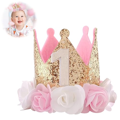 Baby Mädchen 1. Geburtstag Hut Prinzessin Mädchen Erster Geburtstag Party Krone Sparkle Gold Blume Design 1. Geburtstag Mädchen Dekorationen für 1. Geburtstag Dekorationen - Glitzer Stil mit Rose von Makloee