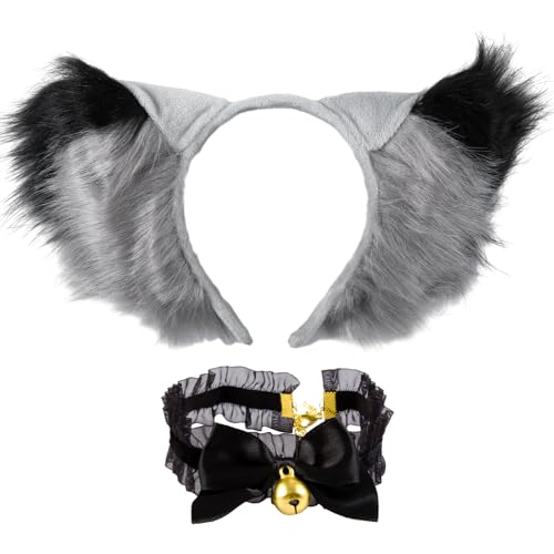 Makone Fuchs Ohren Cosplay Katze Wolf Fuchs Hund Ohren Haarband Stirnband, Fuchs Ohren Stirnband Cosplay Haarband PlüSch Stirnband Party KostüM Haarschmuck FüR Kinder Und Erwachsene(grau-schwarz) von Makone