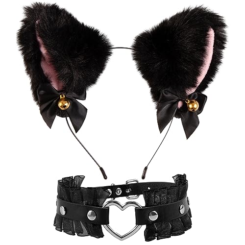 Makone Katzenohren Haarreif Cat Ears Haarschmuck Neko Cosplay, Fuchs Katzen kostüm mit Herz-Halskette, Anime Katze Cosplay Geeignet für Kinder Erwachsene Karneval, Fasching, Rave Party (schwarz) von Makone