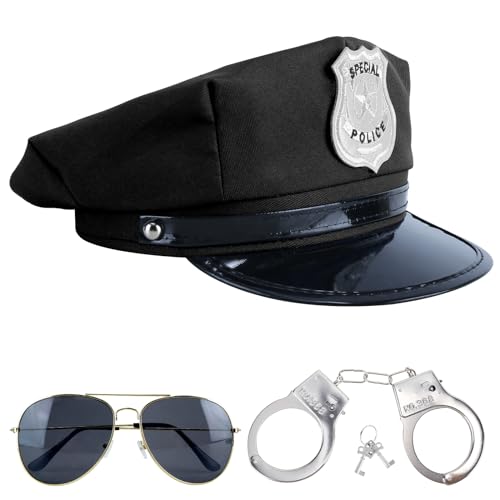 Makone Police Costume Dreiteiliges Set Police Hat,Handschellen Polizei echt Stahl,Schirme, Mit Polizei Marke(Eisenhaltig) von Makone