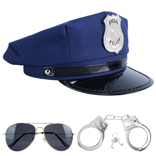 Makone Polizei Kostüm Dreiteiliges Set Polizei Mütze,Schirme,Handschellen Polizei echt Stahl, Police Costume Woman oder Polizei Mann oder Polizei Kostüm Kinder Halloween Kostüme（Blau）, Schwarz von Makone