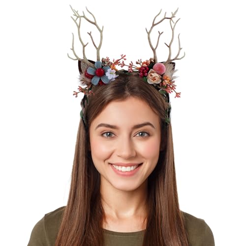 Makone Weihnachten Stirnband Rentier Ohren Geweih Stirnband, Frauen und Mädchen Weihnachten Haarschmuck für Weihnachten, Cosplay, Halloween, Foto Requisiten (reindeer antlers) von Makone