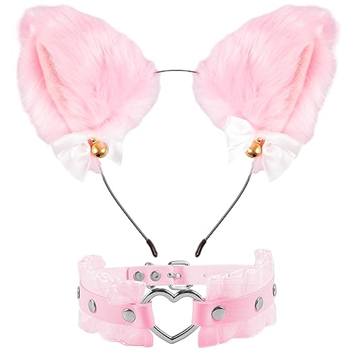 Makone Katzenohren Katze Cosplay Set mit Herz Halskette und Katzenohren Haarreif, Niedlich Cat Ears Haarschmuck Halloween Kostüm Anime Cosplay Mädchen Damen und Kinder(rosa), Durchschnittsgröße von Makone