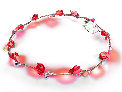 LED Blumenkranz Haarschmuck Blumen Stirnband Kopfschmuck Party Hochzeit JGA Karneval (Rot) von Makotex