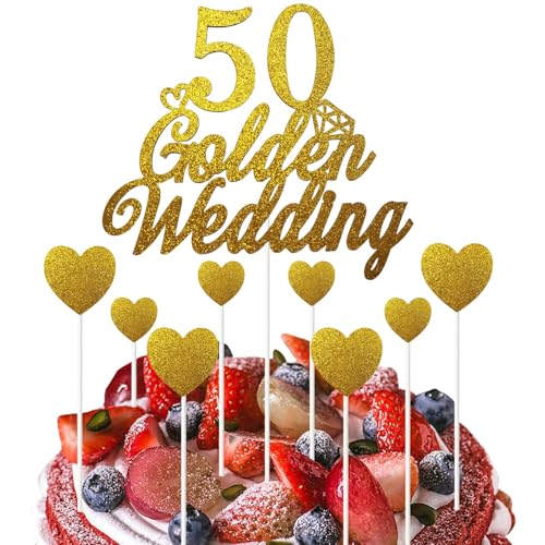 9 Stück Kuchendekorationen zum 50. Hochzeitstag Set, Kuchendekorationen für die Goldene Hochzeit, Glitzernde Kuchendekoration zum 50. Jubiläumsfeier Partyzubehör von Makoto Nobu