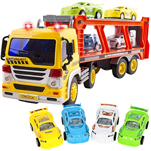 MalPlay Abschleppwagen Spielzeug | mit Licht & Sound | Transport-LKW Autotransporter mit 4 Stück Buntes Mini Autos | Länge 37 cm | ab 3 Jahren | Geschenk für Kinder von MalPlay