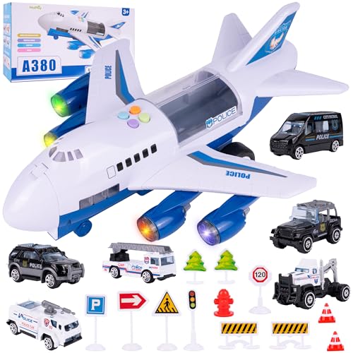 MalPlay Flugzeug Transport Kinder Autos Spielzeug Frachtflugzeug Polizei Licht Sound für Jungen Mädchen ab 3 Jahren von MalPlay