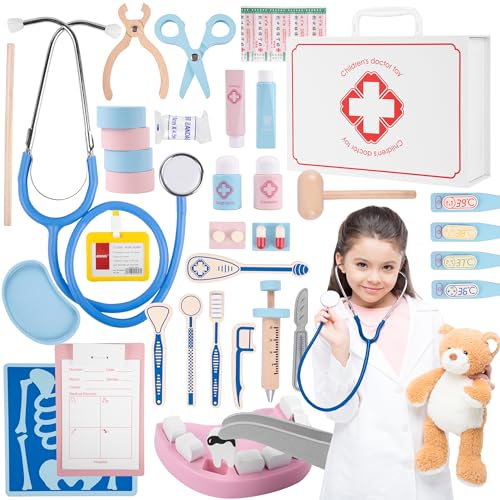 MalPlay Holz Arztkoffer Kinder Doktorkoffer mit Stethoskop Zahnarzt Rollenspiel Spielzeug für Kinder ab 3 Jahren von MalPlay