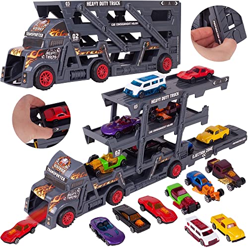 MalPlay LKW-Autotransporter Lastwagen+Anhänger Spielzeug-Set mit Autowerfer+8 Autos für Kinder ab 3 Jahren von MalPlay