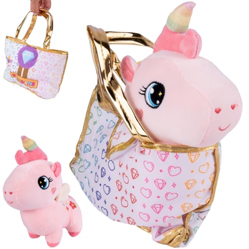 MalPlay Plüsch Einhorn mit Tasche Maskottchen Unicorn Kuscheltier weich angenehm ab 3 Jahren Geschenk von MalPlay