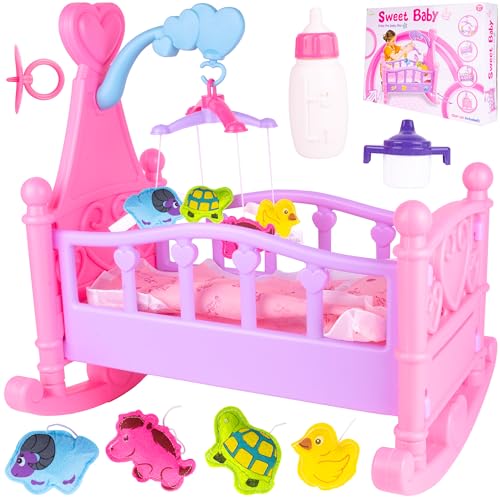 MalPlay Puppenbett Puppenwiege mit Karussell Wiege Schaukelbett 53cm Rosa Spielzeug ab 3 Jahren Geschenk von MalPlay