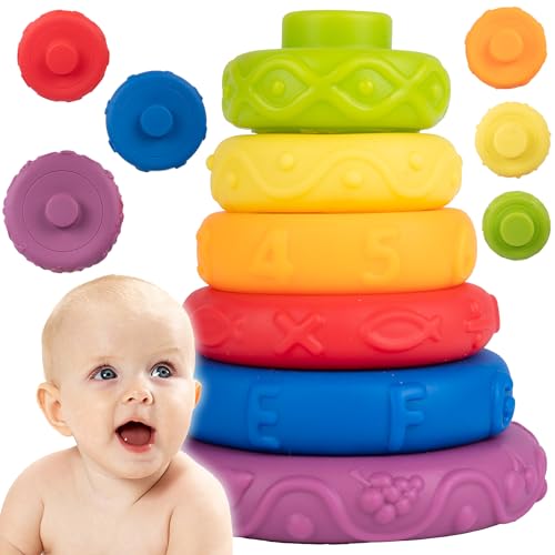 MalPlay Stapelradturm Turm Kreise mit Ringen Beissring Buntes Stapeln Silikon Babyspielzeug Geschenk von MalPlay