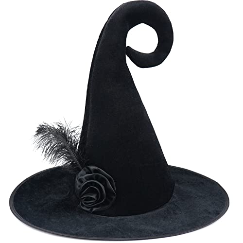 Malaxlx Damen Hexenhut Zauberer Hut Samt Gelockt Gefiederte Blume Hexen Hut Faltbare Spitzhut für Halloween Kostüm Cosplay Fasching Masquerade Kopfbedeckung von Malaxlx