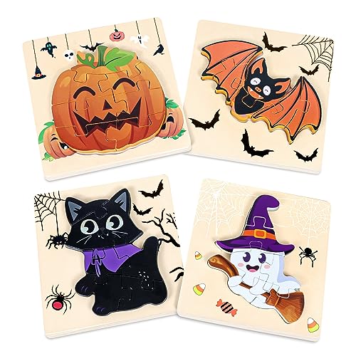 Malhaii 4Pack Halloween Holz Puzzles für Kleinkind, Bildung Lernen Halloween Spielzeug Puzzle für Halloween Party Bevorzugungen Kinder Jungen Mädchen Halloween Treat Taschen Füllstoffe Geschenke von Malhaii