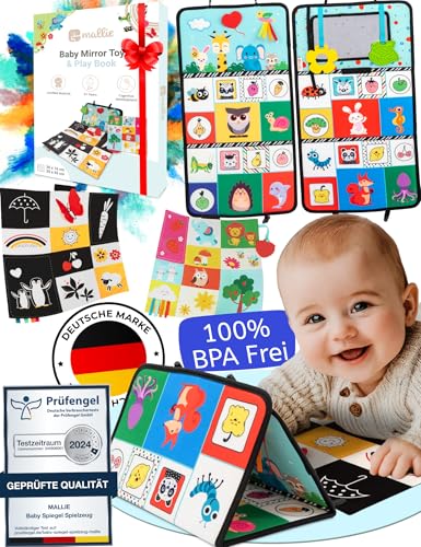 Mallie® Sensorik Baby Spiegel Spielzeug mit Bauchlage Knisterbuch I Babyspielzeuge ab 0, 3, 6 Monate I Baby Mirror Toy mit Schwarz Weiß Kontrast Muster I Tummy Time Toys, Knisterspielzeug Baby von Mallie