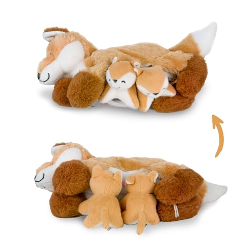 Mamanimals Fuchs Kuscheltier mit 2 Baby Füchsen, Babys im Bauch mit Reißverschluss verstaubar, magnetische Zitzen zum Säugen, hochwertiges Plüschtier Set für Kinder von Mamanimals