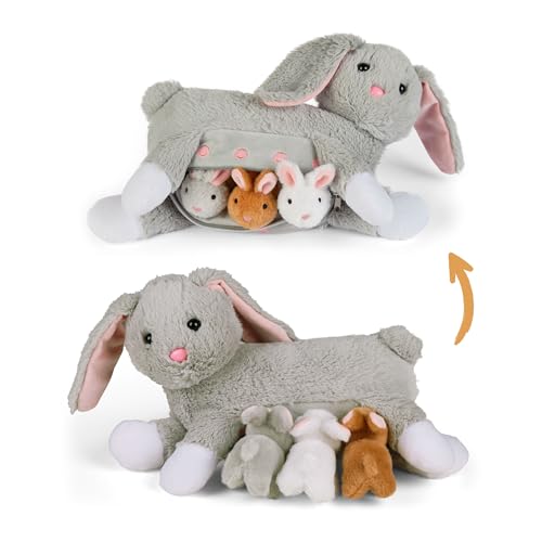 Mamanimals Hasen Kuscheltier mit 3 Baby Kaninchen, Babys im Bauch mit Reißverschluss verstaubar, magnetische Zitzen zum Säugen, hochwertiges Plüschtier Set für Kinder von Mamanimals