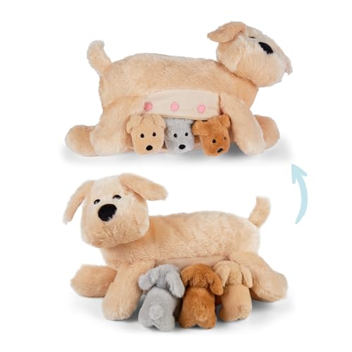 Mamanimals Hunde Kuscheltier mit 3 Baby Welpen, Babys im Bauch mit Reißverschluss verstaubar, magnetische Zitzen zum Säugen, hochwertiges Plüschtier Set für Kinder, Geschenk für Kinder von Mamanimals