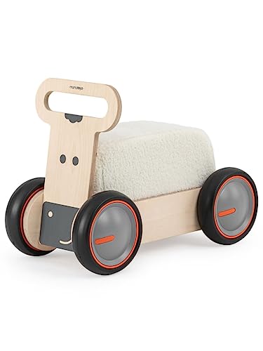 Mamatoyz 03DSCO DriveMe Soft Cow Vierrad-Aufsitz-Gehhilfe aus Holz, ziehbarer 3-in-1-Spielzeughalter für Kinder mit weichem, abnehmbarem Schwammsitz von Mamatoyz
